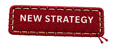 Stitched red fabric label reading “New Strategy”.