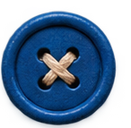 Blue stitched button with beige thread in the center.