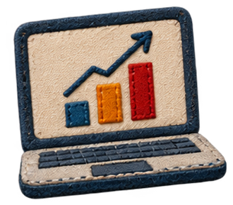 Stitched laptop displaying an upward growth chart. Stitched laptop displaying an upward growth chart.